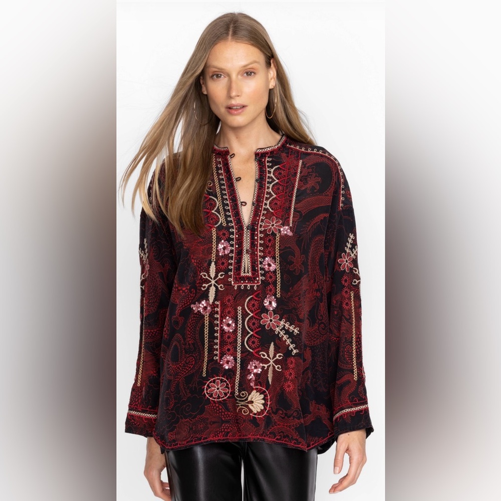 Johnny Was Black and Red Embroidered Blouse